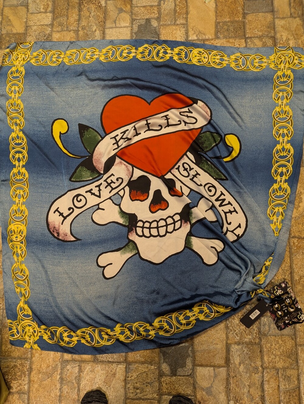 NWT Ed Hardy Love Kills Slowly Extra Large Scarf Sarong 43" Blue Tattoo Art